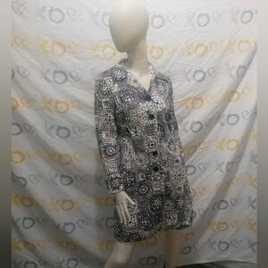 Trina Turk Black and White Long Sleeve V-Neck Notched Collar Pea Coat